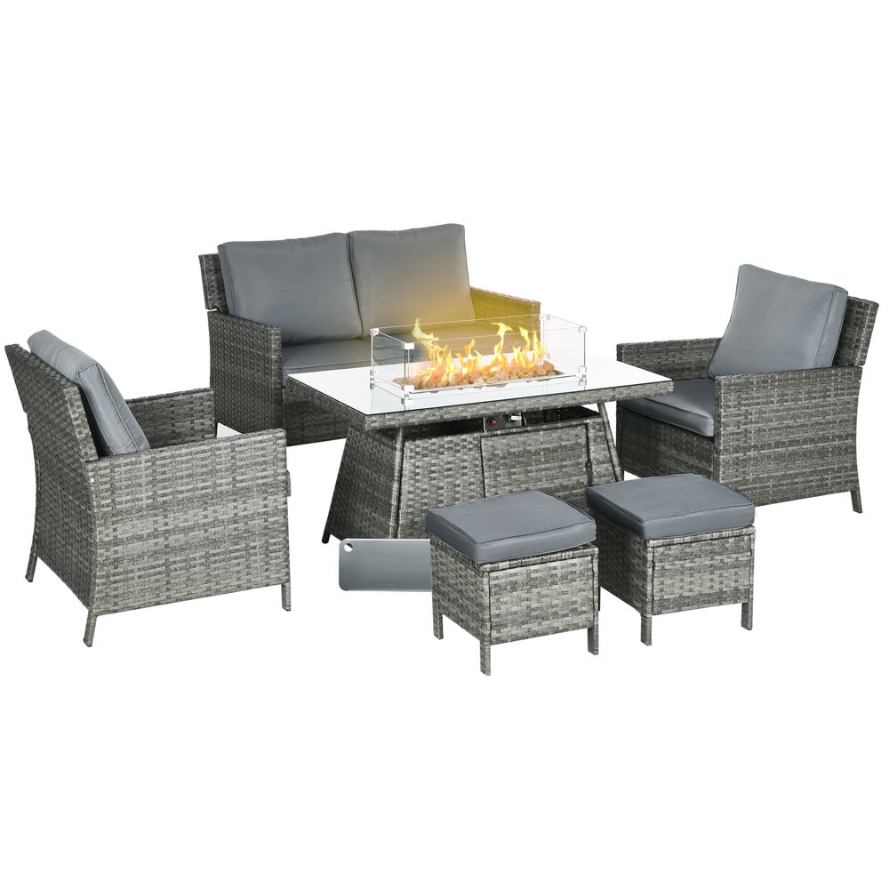 Outsunny Rattan Garden Furniture Sofa Set - Armchairs, Footstools, Fire PitTable