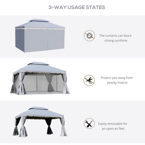 3 x 4m Aluminium Gazebo with 2 Tiers Roof Garden Nets Sidewalls - Grey