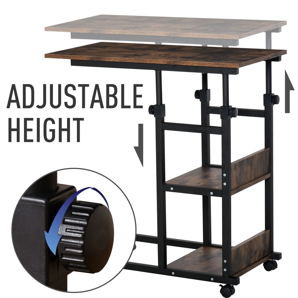 HOMCOM Industrial Mobile Sofa Side Table C-Shaped Rolling Couch Table with 3-Tier Storage Shelving Four Lockable Wheels Steel Frame - Brown