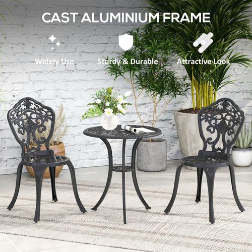 Outsunny 3 PCs Cast Aluminium Bistro Set w/ Parasol Hole for Balcony, Black