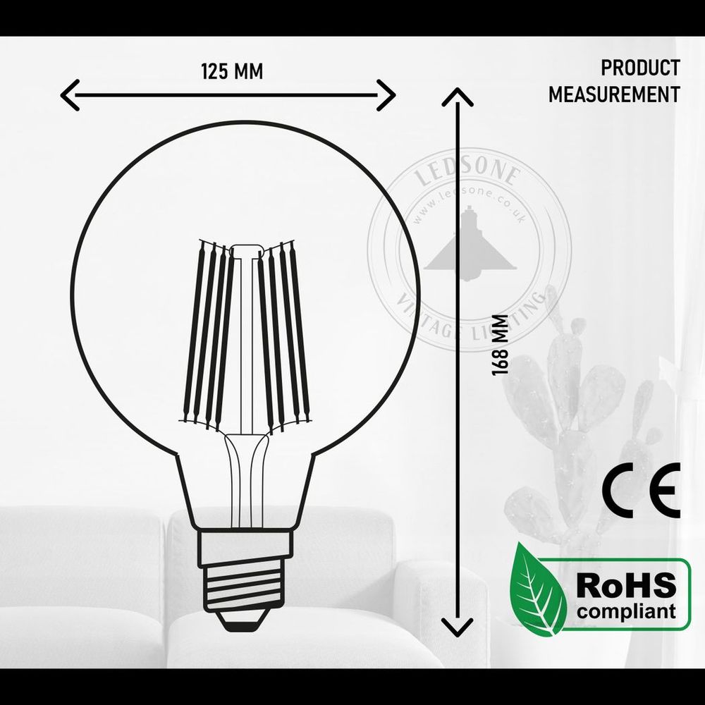 Vintage Amber LED Filament Bulb - G125 E27 8W, Retro Style, High Quality, Long Lasting