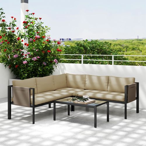 Outsunny 4 Piece Garden Furniture Set w/ Breathable Mesh Pocket, Khaki