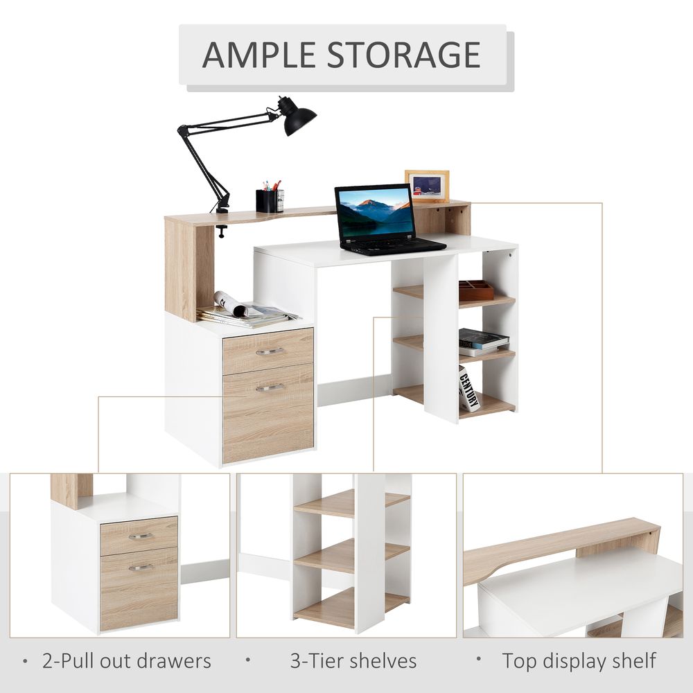 HOMCOM Computer Desk PC Table Modern Home Office Writing Workstation Furniture Printer Shelf Rack w/Storage Drawer & Shelves (Oak and white)
