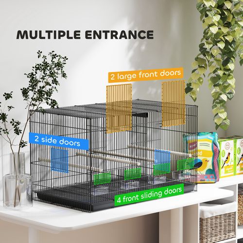 PawHut Bird Cage with Divider, 4 Wooden Perches, Slide Out Tray, Black