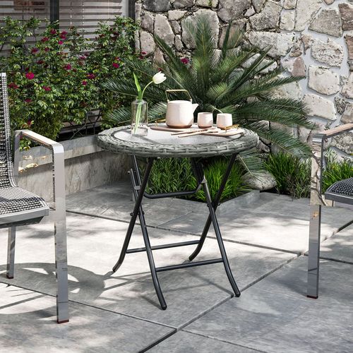 Outsunny Folding Round Tempered Glass Metal Table with Grey Rattan Edging