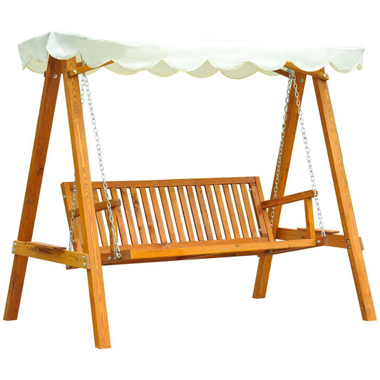 Outsunny  3-Seater Wooden Garden Swing Chair Seat Bench-Cream Cream 200cm x 130cm x 185cm