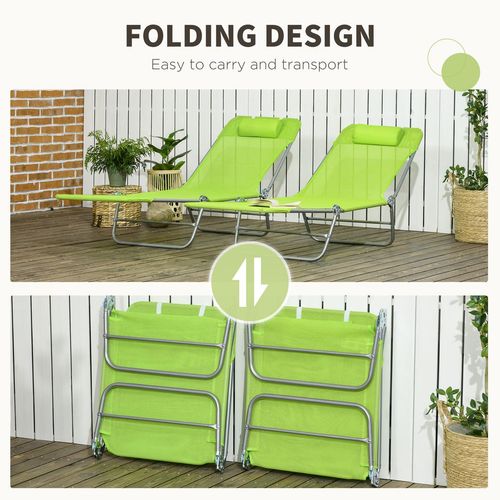 Outsunny 2 Piece Folding Sun Loungers with Adjustable Backrest, Pillow, Green