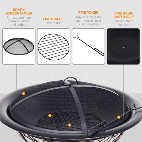 76cm Round Garden Firepit Patio Heater with Poker, Cover,Wood Log Grade