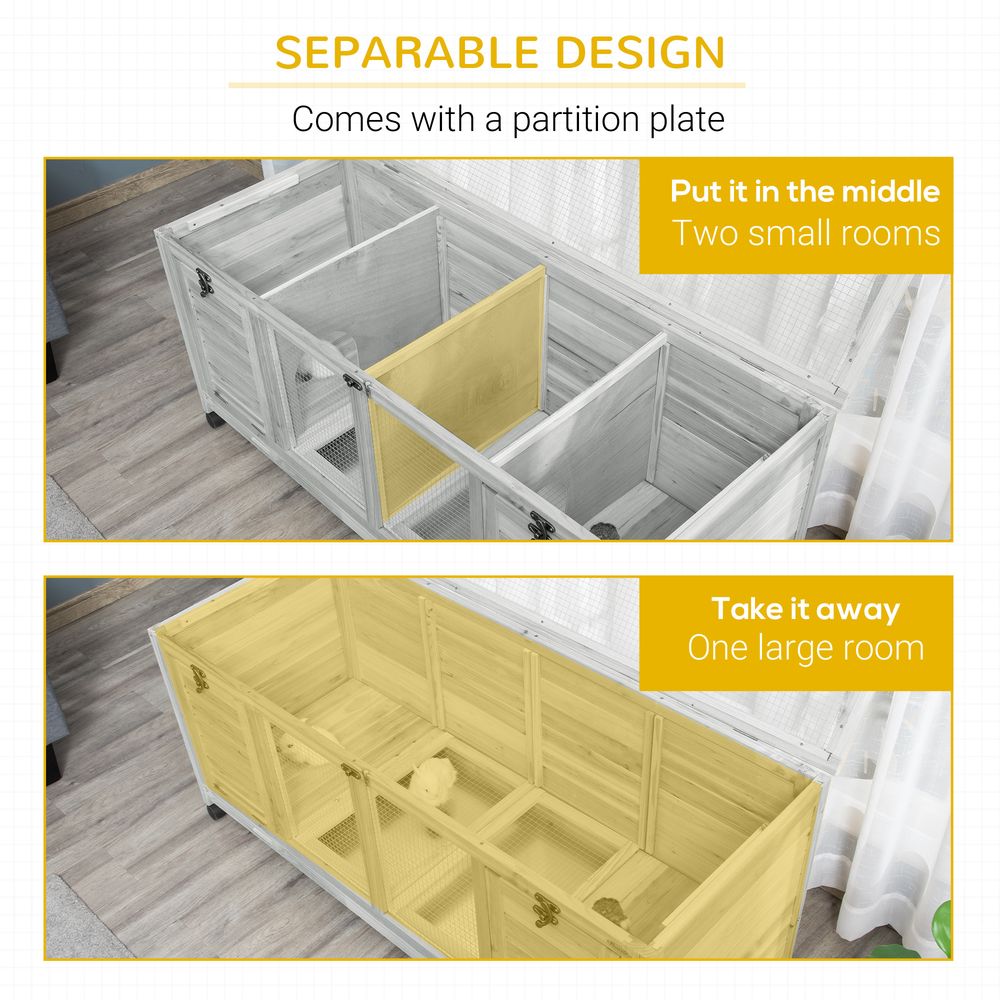 PawHut Rabbit Hutch Guinea Pig Cage, 2 in 1 Small Animal House for Indoor with Wheels 138 x 53 x 61cm, Light Grey