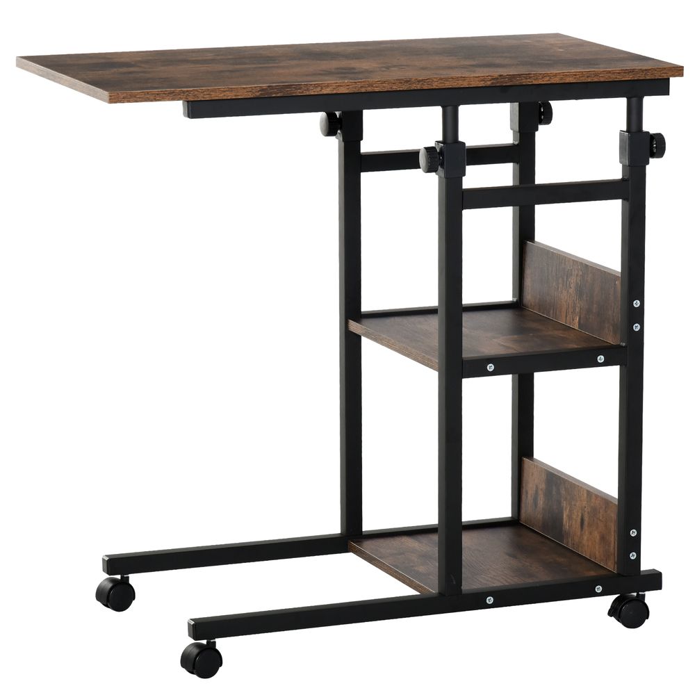 HOMCOM Industrial Mobile Sofa Side Table C-Shaped Rolling Couch Table with 3-Tier Storage Shelving Four Lockable Wheels Steel Frame - Brown