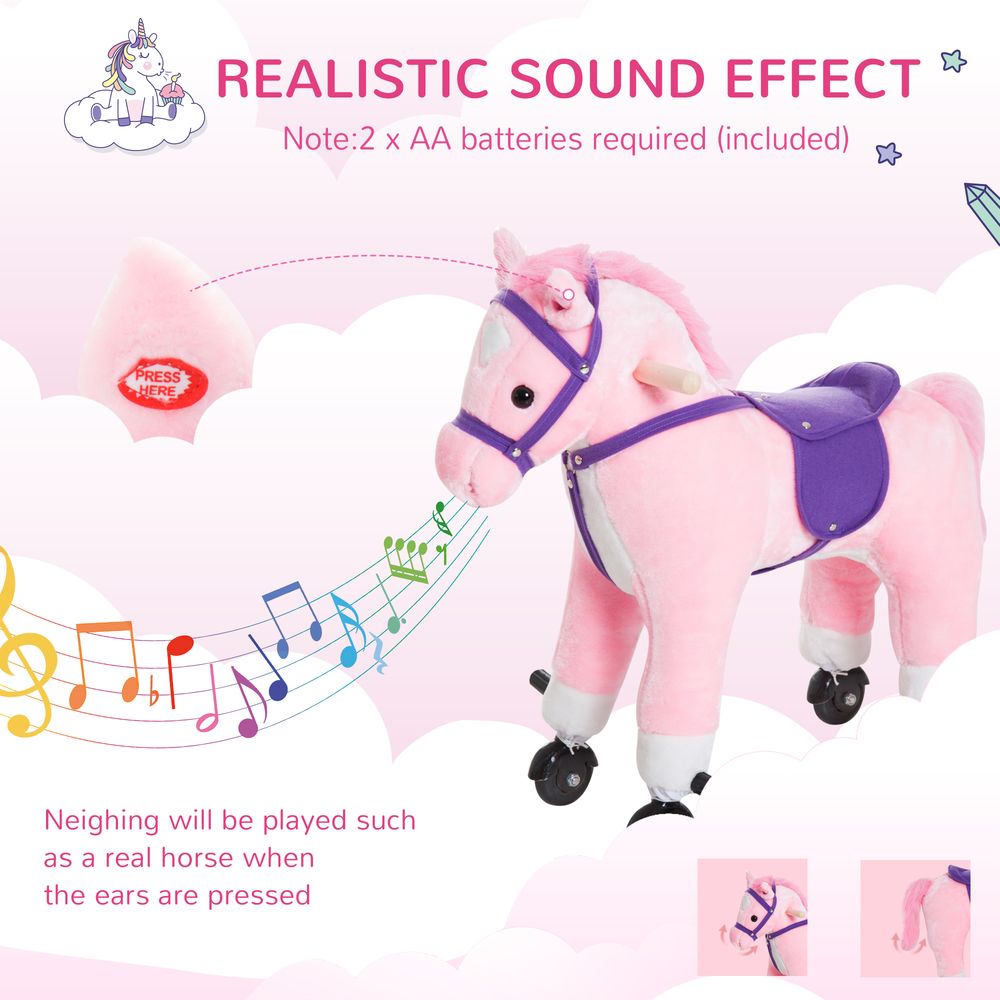 HOMCOM Wooden Action Pony Wheeled Walking Horse Riding Little Baby Plush Toy Wooden Style Ride on Animal Kids Gift w/Sound (Pink)