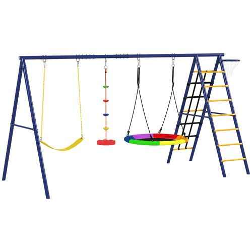 AIYAPLAY 6 in 1 Kids Swing Set with 3 Swings, Climbing Net and Ladder