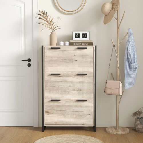 HOMCOM Entryway Shoe Cabinet with 3 Flip Drawers Adjustable Shelves Wood Handles