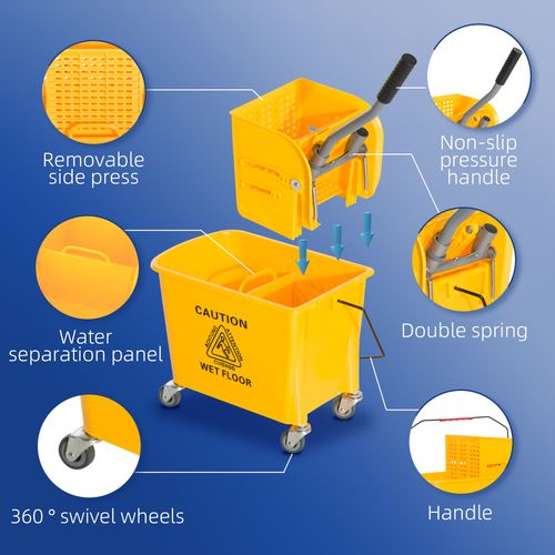 HOMCOM 20L Mop Bucket with Wringer Handle on Wheels for Cleaning Yellow