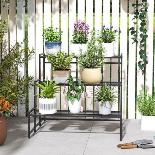 Outsunny 3-Tier Metal Plant Stand, Modern Ladder Shelf for Garden, Black