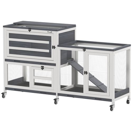 PawHut 2 Tier Rabbit Hutch with Run, Wheels, 2 Openable Top, 3 Plastic Trays