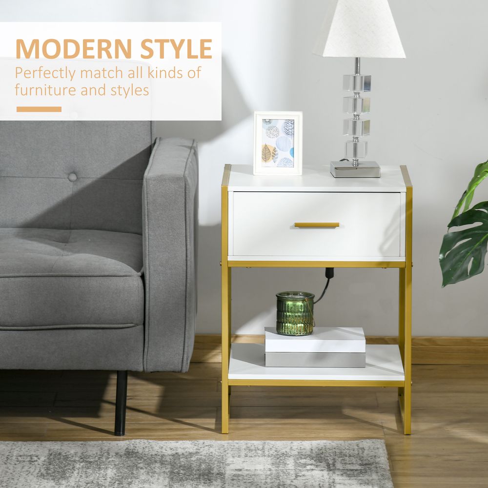 HOMCOM Modern Bedside Table, Nightstand with Drawer Shelf, Side Table for Living room, Bedroom White and Gold