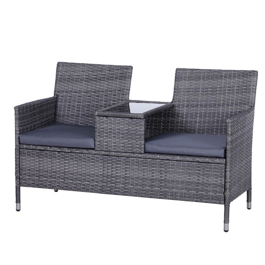 Outsunny  2-Seater PE Rattan Outdoor Garden Bench w/ Centre Table Grey Grey 133cmx65cmx84cm