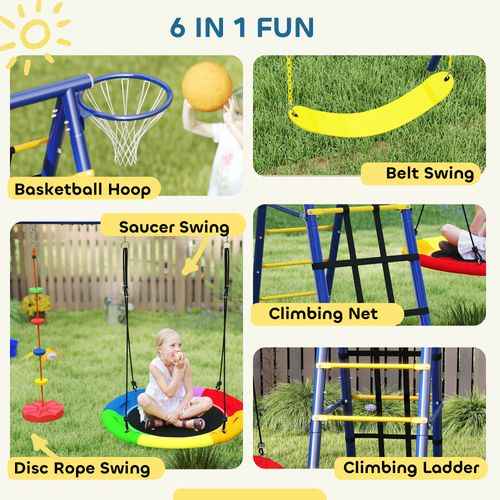 AIYAPLAY 6 in 1 Kids Swing Set with 3 Swings, Climbing Net and Ladder