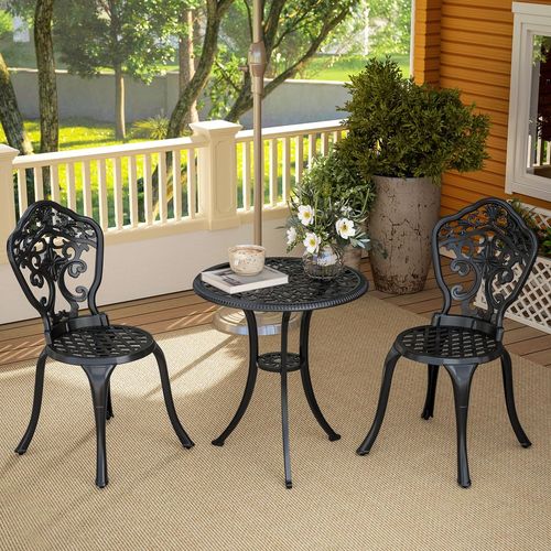 Outsunny 3 PCs Cast Aluminium Bistro Set w/ Parasol Hole for Balcony, Black