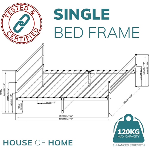 Extra Strong Single Metal Bed Frame with Rounded Head and Foot Board In White - Improved