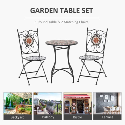 Outsunny 3PCs Garden Set 1 Ceramic Tile Round Table and 2 Foldable Chairs