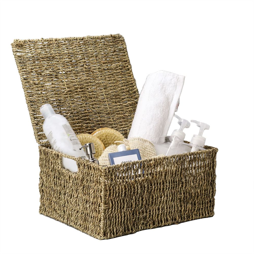 Charming Seagrass Storage Basket with Lid | M&W - Lightweight & Eco-Friendly - Perfect for Home Organization & Picnics