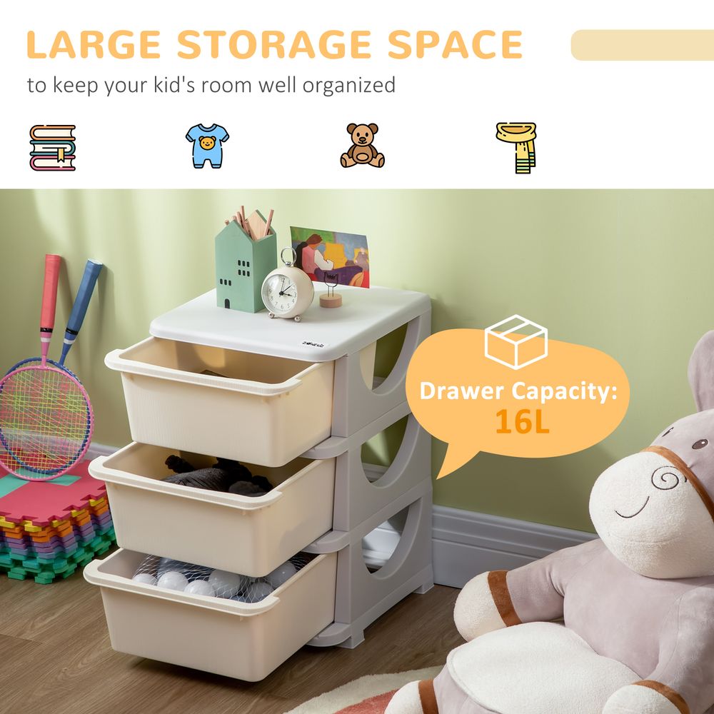 HOMCOM Kids Storage Units with 3 Drawers 3 Tier Chest Vertical Dresser Tower Toy Organizer for Nursery Playroom Kindergarten Cream