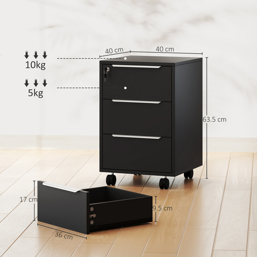 HOMCOM Modern 3-Drawer Locking File Cabinet Mobile Filing Cabinet