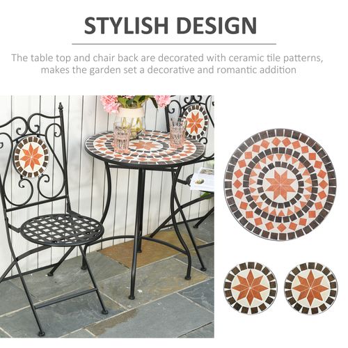 Outsunny 3PCs Garden Set 1 Ceramic Tile Round Table and 2 Foldable Chairs