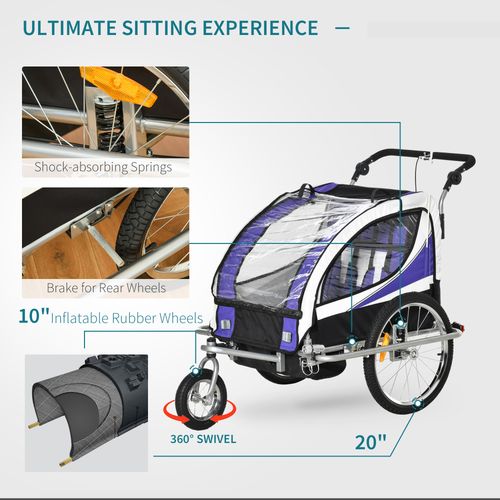 HOMCOM Child Bike Trailer, Baby Bicycle Trailer for 2 Kids with 5 Point Harness, Steel Frame, Reflectors, Safety Flag, Hitch Coupler, Purple