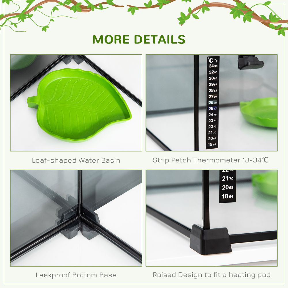 PawHut Glass Reptile Terrarium Insect Breeding Tank Vivarium Habitats with Thermometer for Lizards, Horned Frogs, Snakes, Spiders - Large 50 x 30 x 35cm