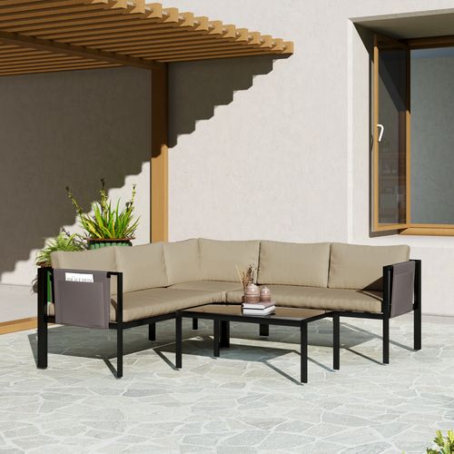 Outsunny 4 Piece Garden Furniture Set w/ Breathable Mesh Pocket, Khaki