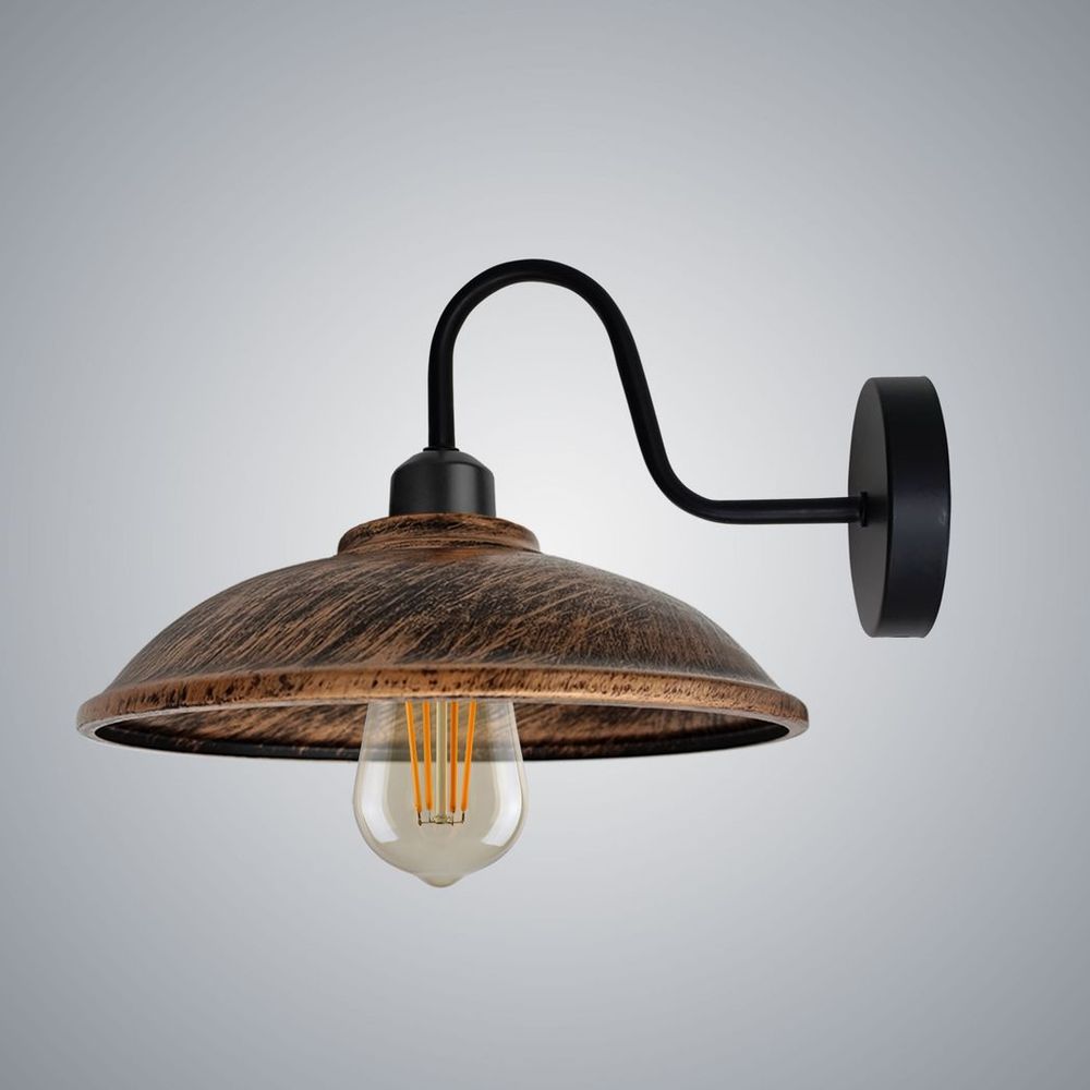 Vintage Brushed Copper Wall Light Fixture, Black Wall Sconce w/ E27 Base Socket, Swan Neck Hemisphere Shade