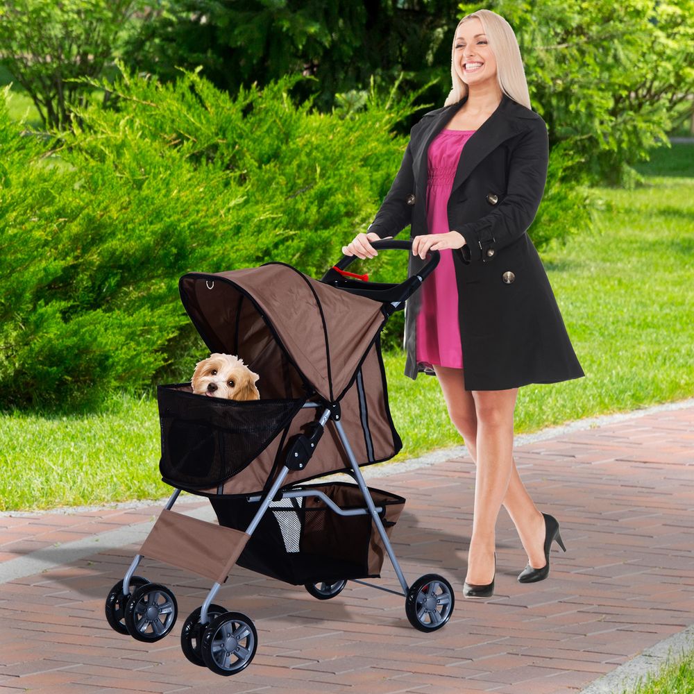 PawHut Pet Stroller for Small Miniature Dogs Cats Foldable Travel Carriage with Wheels Zipper Entry Cup Holder Storage Basket Brown