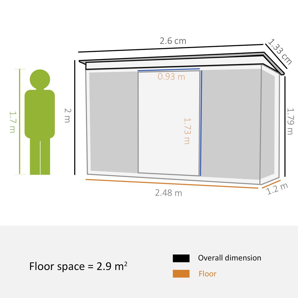 Pent Roofed Metal Shed Foundation Vent 260x133x200cm Sliding Door Green