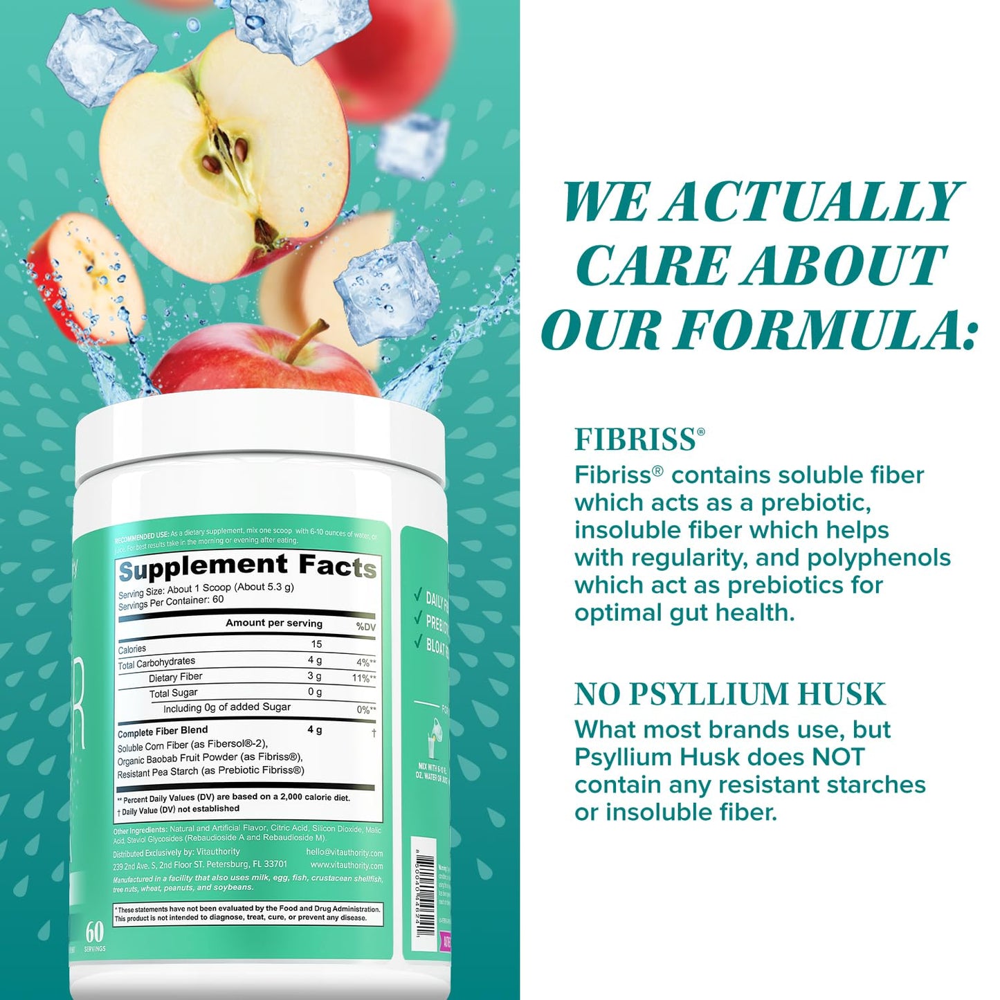 Fiber Supplement Colon Cleanse Detox – Prebiotic Powder for Digestive Health (Apple, 60 Servings)