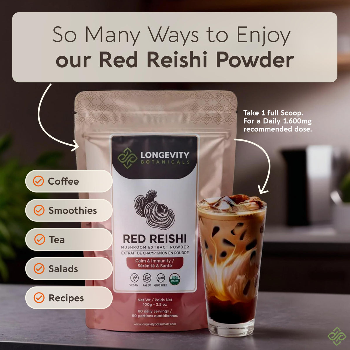 Longevity Botanicals Organic Reishi Extract Powder 100g | 10:1 Concentrate | 100% Fruiting Bodies