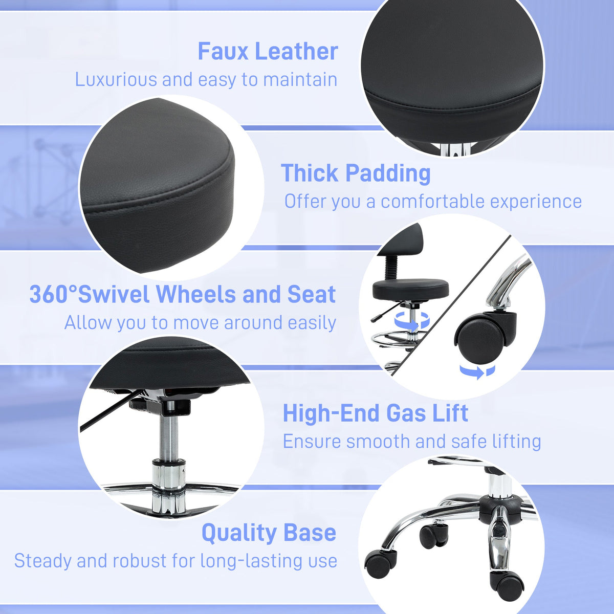 HOMCOM Faux Leather Adjustable Stool, 360° Swivel Chair for Study, Black