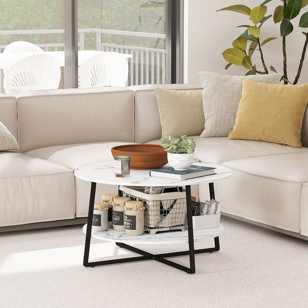 HOMCOM Round Coffee Table with Storage Shelf and Marble Effect Top, White