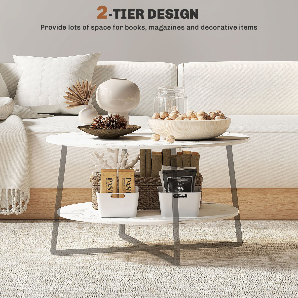 HOMCOM Round Coffee Table with Storage Shelf and Marble Effect Top, White