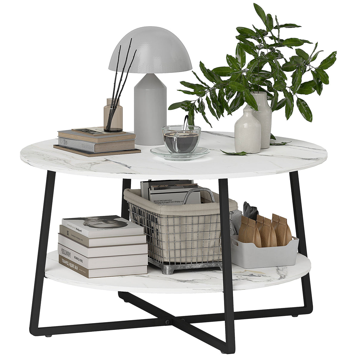 HOMCOM Round Coffee Table with Storage Shelf and Marble Effect Top, White
