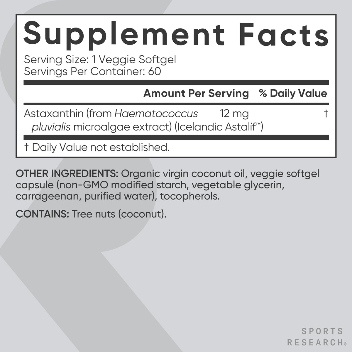 Sports Research Triple Strength Vegan Astaxanthin 12mg - Algae-Based, Non-GMO, 60 Softgels