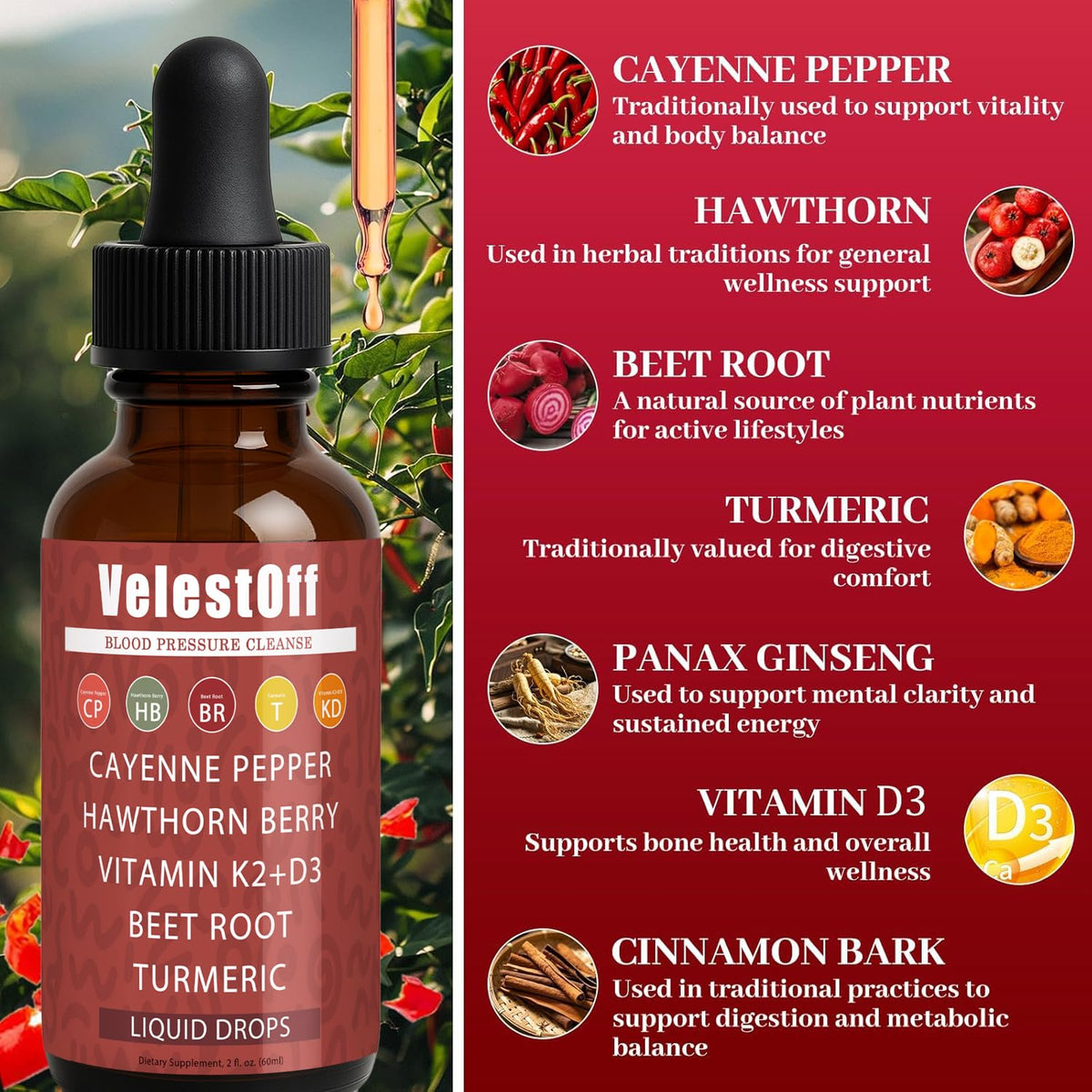 Velestoff Cayenne Pepper Drops - Liquid Supplement with Hawthorn, Beet Root, Turmeric, K2 D3