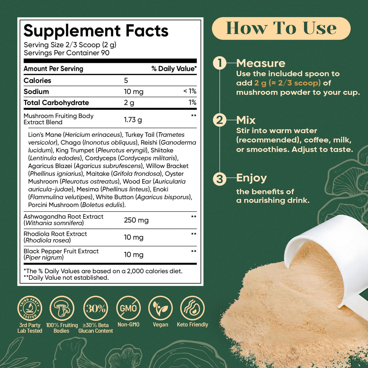 Venture Pal 16 in 1 Mushroom Powder – 90 Servings, 10:1 Extract, 100% Fruiting Bodies