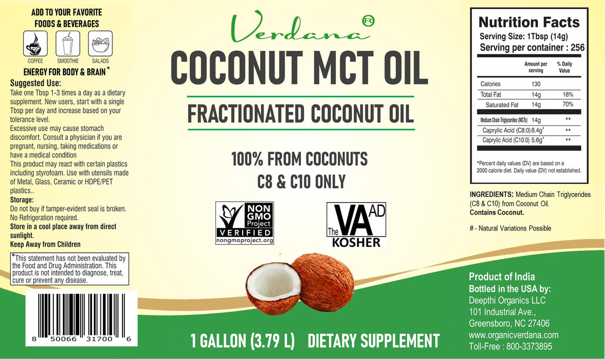 Verdana Coconut MCT Oil 1 Gallon – 100% Coconut, Keto Coffee & More