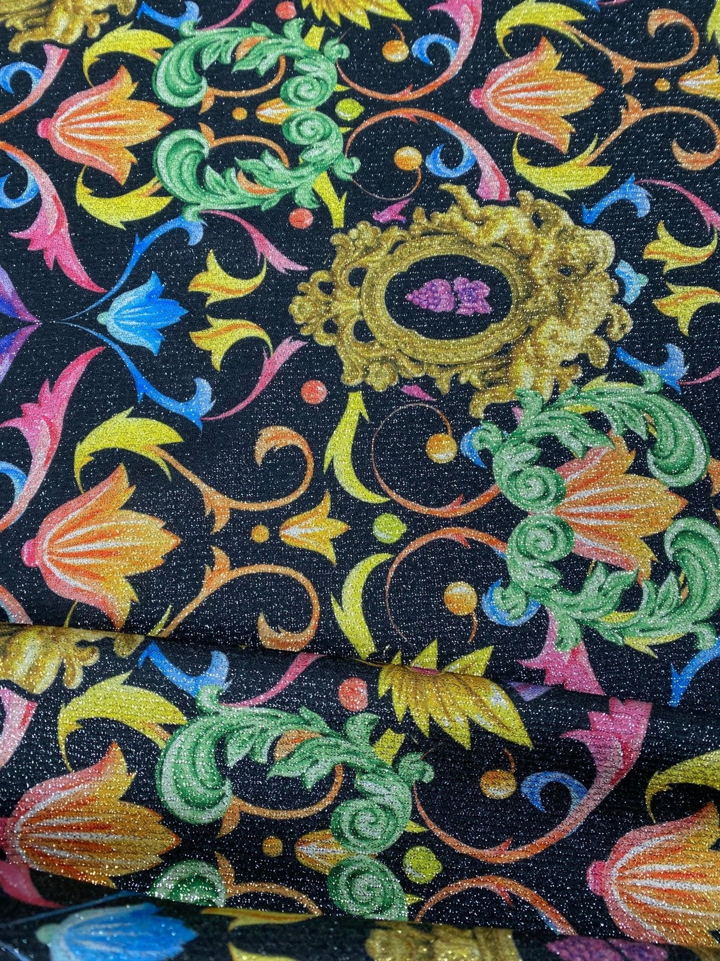 Vibrant Black Pattern Baroque Floral Heart Fabric Sold by Metre