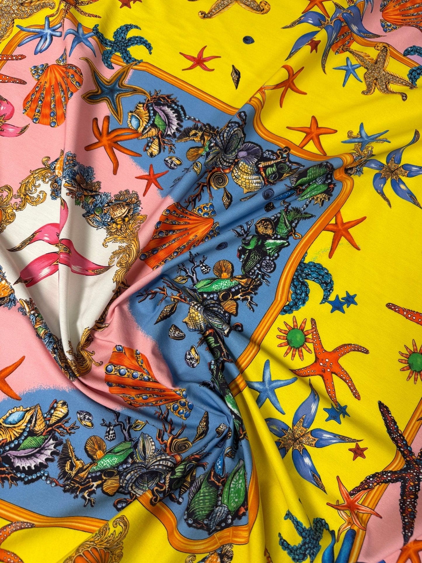 Vibrant Starfish & Seashells Organic Cotton Poplin Fabric by the Metre