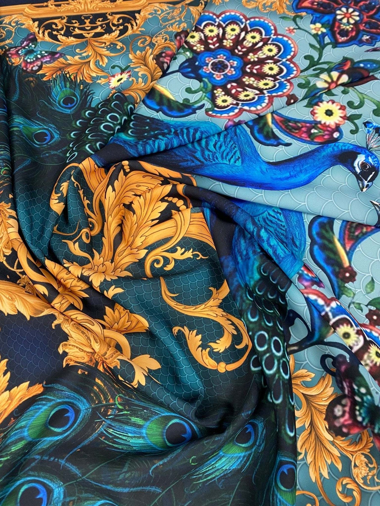 Vintage Peacock Pattern Fabric By Metre