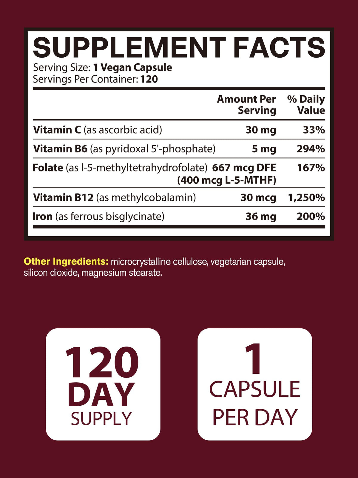Vitacook Iron Supplement for Women & Men, Iron Bisglycinate with Vitamin C, B6, B12, Folate, Stomach Friendly, Non-Constipating, Blood Health & Energy Boost, 120 Vegan Caps